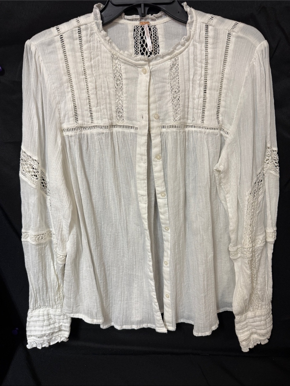 Free People Cream Crochet Lace Pintuck Button-Up Blouse